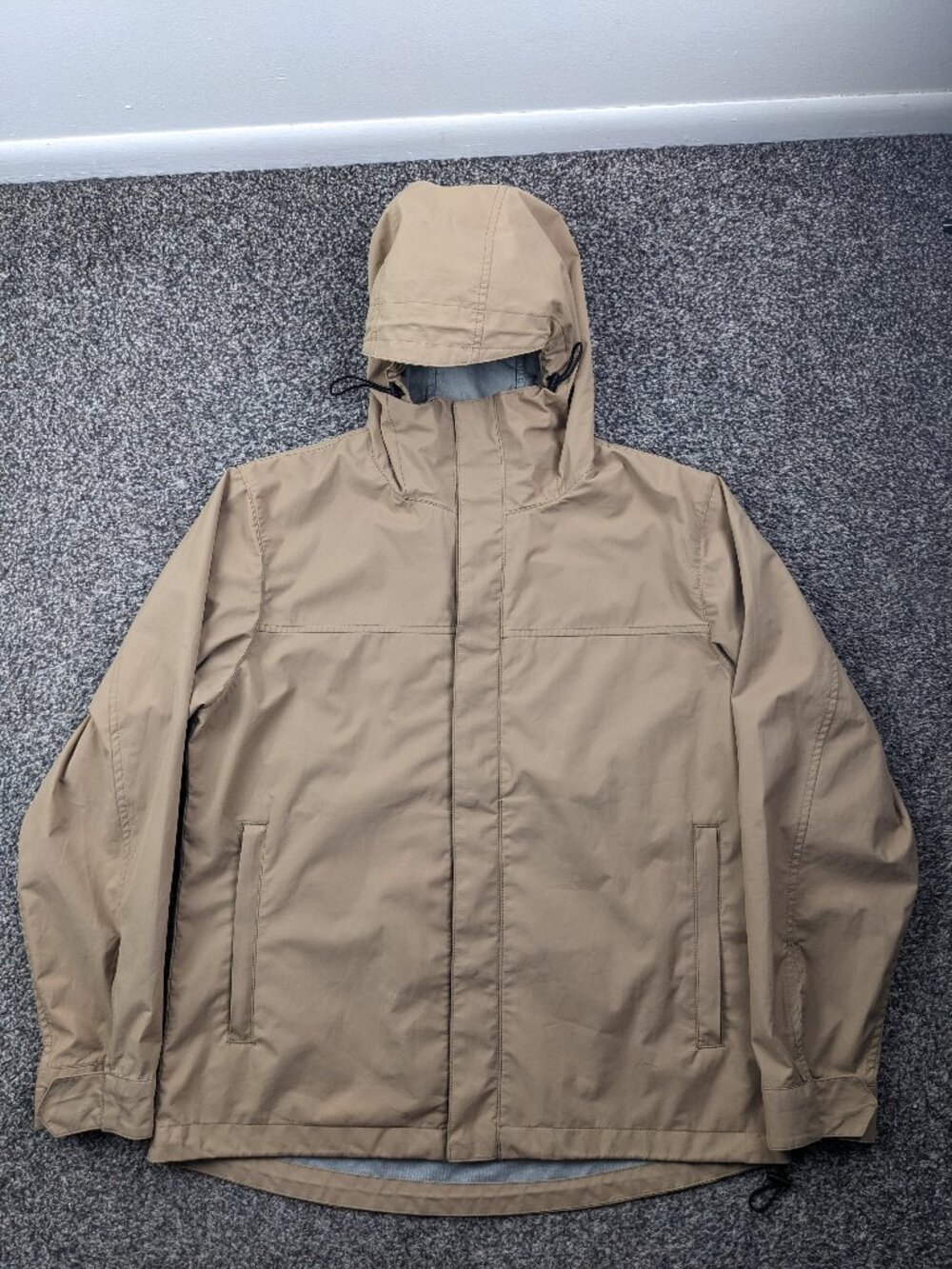 Muji Jacket Water Repellent Rain Full Zip Hooded Beige Tan YKK Zipper Mens Large